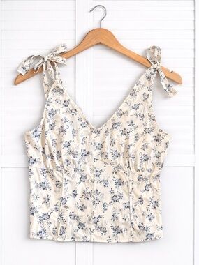 Floral Corset Smocked Tie Tank Top White Blue Coquette Summer Juniors Plus 2X 1X